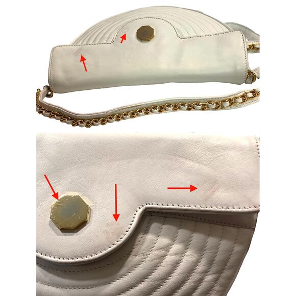 80s 90s White Leather Semi Circle Shoulder Bag Gold Chain Accents - Picture 10 of 11